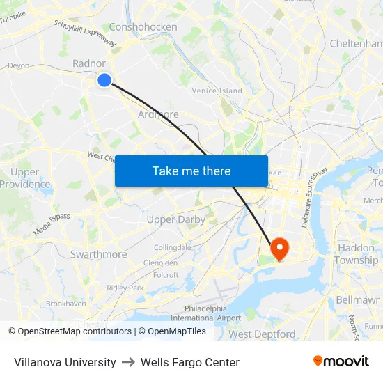 Villanova University, 299 N Spring Mill Rd to Wells Fargo Center map