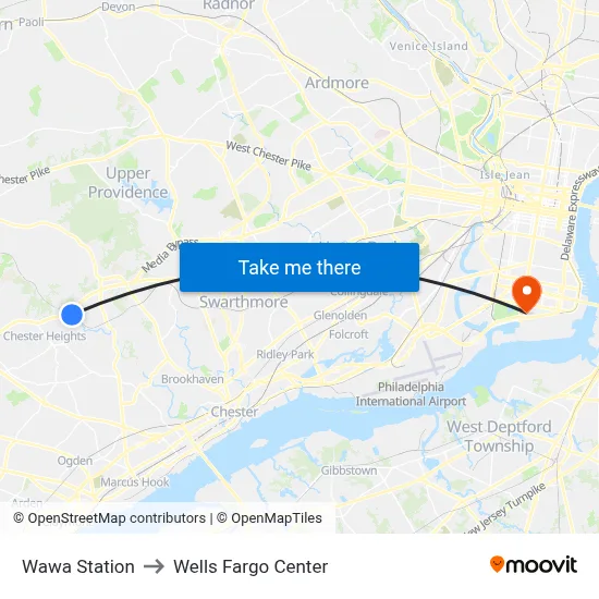 Wawa Station to Wells Fargo Center map