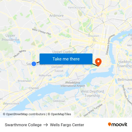 Swarthmore College to Wells Fargo Center map