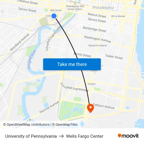 University of Pennsylvania to Wells Fargo Center map