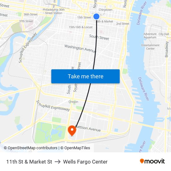 11th St & Market St to Wells Fargo Center map