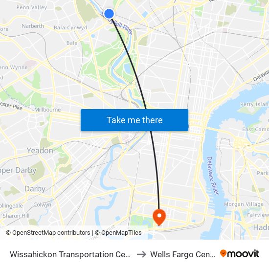 Wissahickon Transportation Center to Wells Fargo Center map