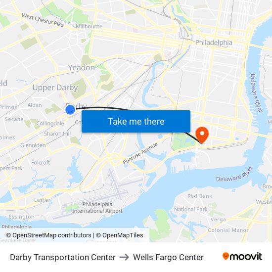 Darby Transportation Center to Wells Fargo Center map