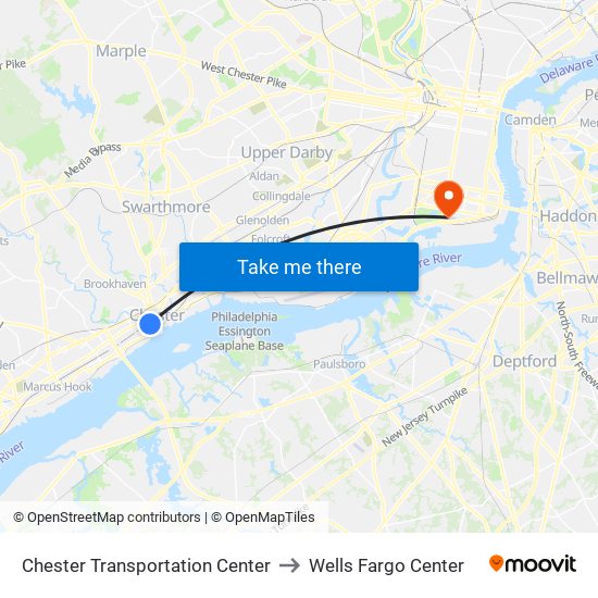 Chester Transportation Center to Wells Fargo Center map