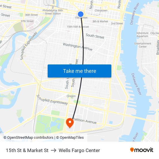 15th St & Market St to Wells Fargo Center map