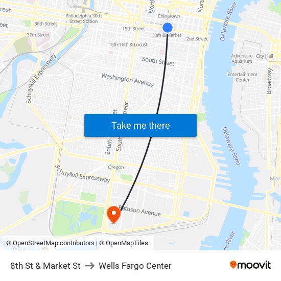 8th St & Market St to Wells Fargo Center map