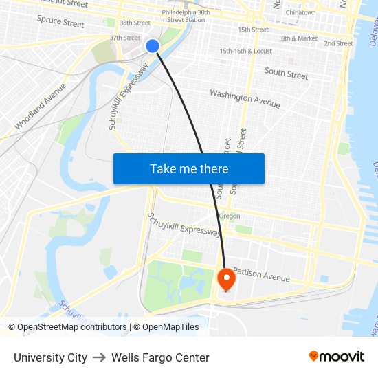 University City to Wells Fargo Center map