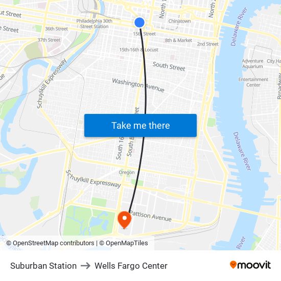 Suburban Station to Wells Fargo Center map