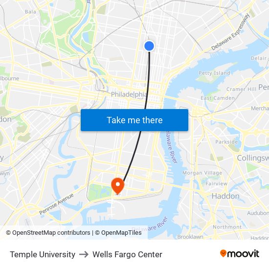 Temple University to Wells Fargo Center map