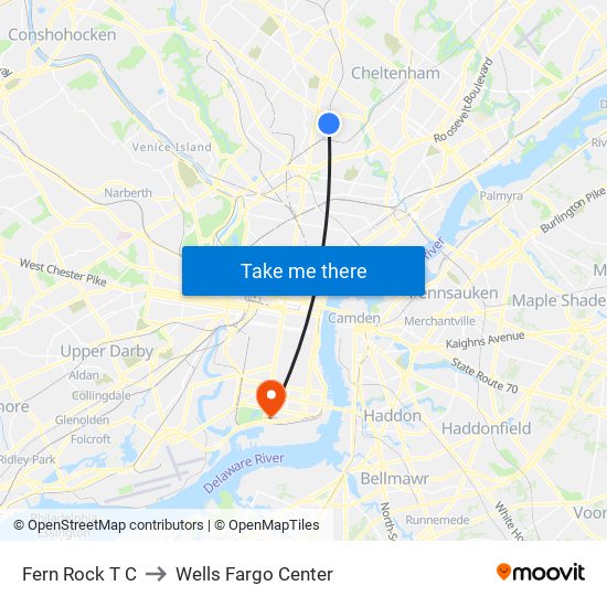 Fern Rock T C to Wells Fargo Center map