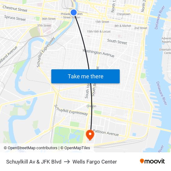 Schuylkill Av & JFK Blvd to Wells Fargo Center map