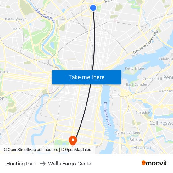 Hunting Park to Wells Fargo Center map