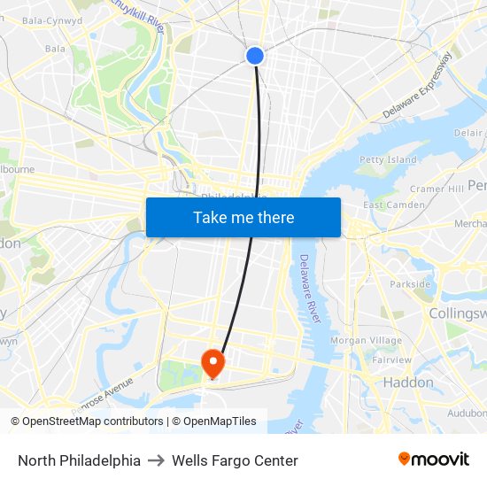 North Philadelphia to Wells Fargo Center map