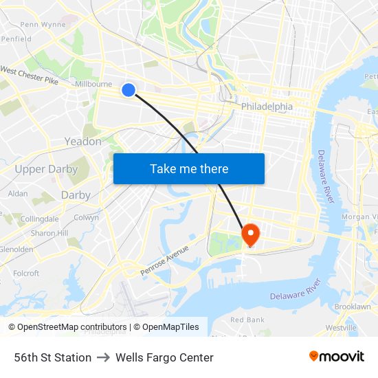 56th St Station to Wells Fargo Center map