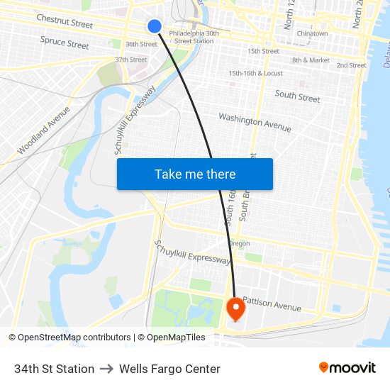 34th St Station to Wells Fargo Center map