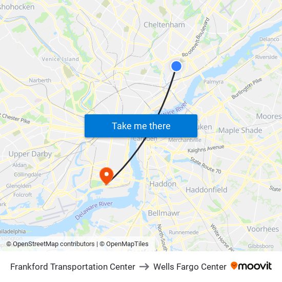 Frankford Transportation Center to Wells Fargo Center map