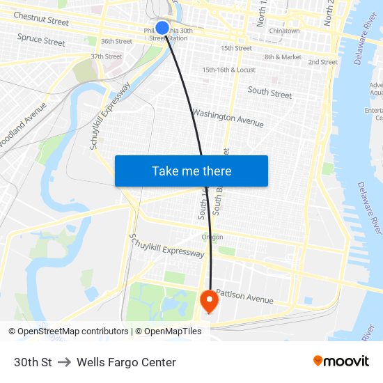 30th St to Wells Fargo Center map