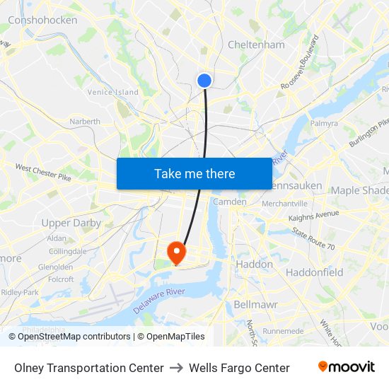 Olney Transportation Center to Wells Fargo Center map