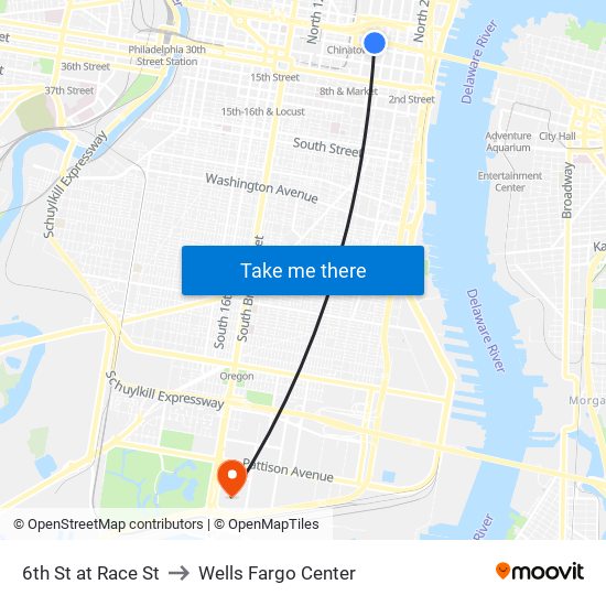 6th St at Race St to Wells Fargo Center map