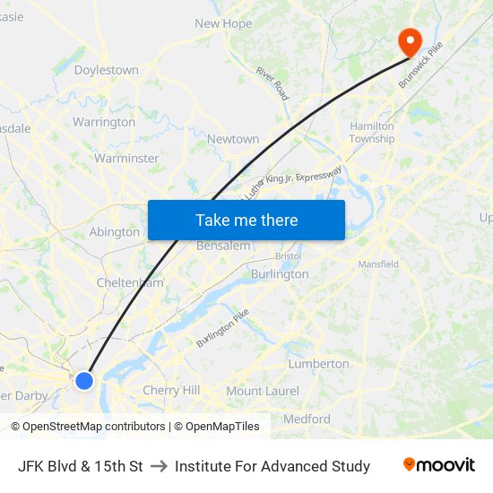 JFK Blvd & 15th St to Institute For Advanced Study map