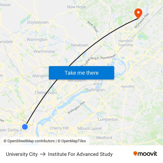 University City to Institute For Advanced Study map