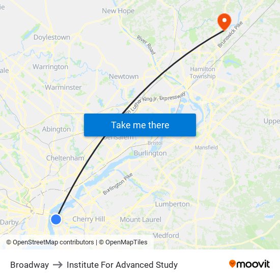 Broadway to Institute For Advanced Study map