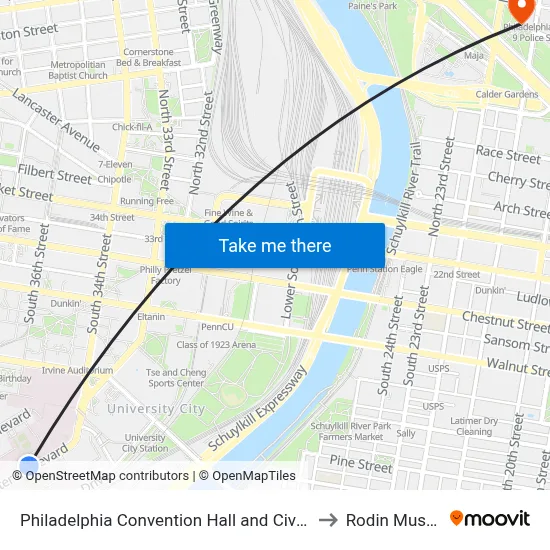 Philadelphia Convention Hall and Civic Center to Rodin Museum map
