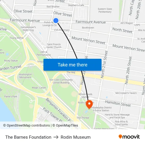 The Barnes Foundation to Rodin Museum map