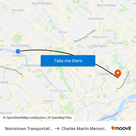 Norristown Transportation Center to Charles Martin Memorial Stadium map