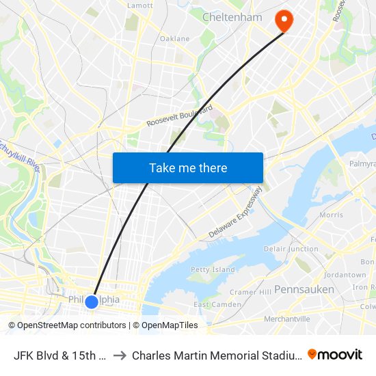 JFK Blvd & 15th St to Charles Martin Memorial Stadium map