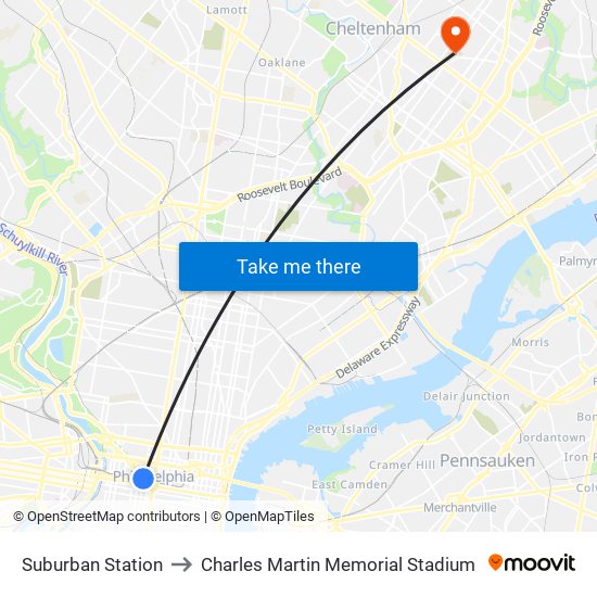 Suburban Station to Charles Martin Memorial Stadium map