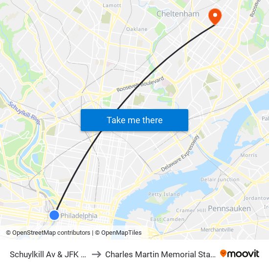 Schuylkill Av & JFK Blvd to Charles Martin Memorial Stadium map