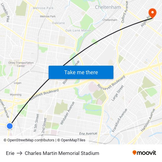 Erie to Charles Martin Memorial Stadium map