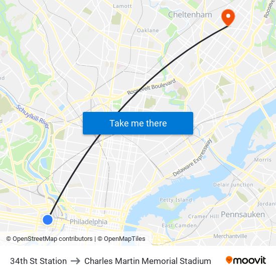 34th St Station to Charles Martin Memorial Stadium map