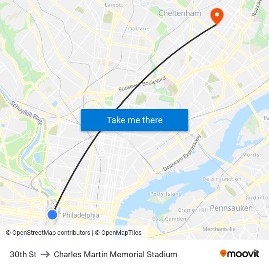 30th St to Charles Martin Memorial Stadium map
