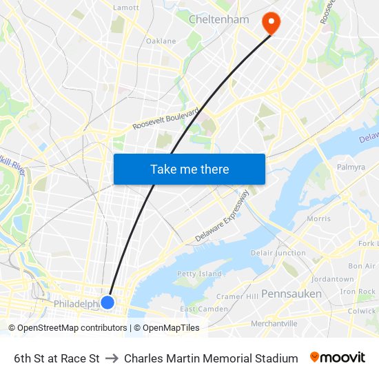 6th St at Race St to Charles Martin Memorial Stadium map