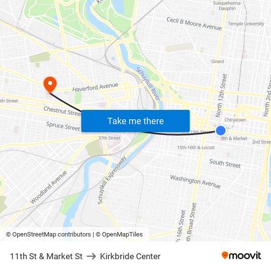 11th St & Market St to Kirkbride Center map