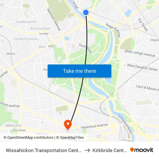 Wissahickon Transit Center to Kirkbride Center map