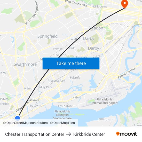 Chester Transportation Center to Kirkbride Center map