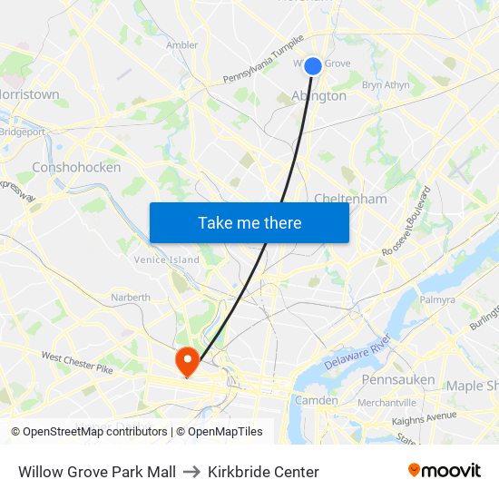 Willow Grove Park Mall to Kirkbride Center map