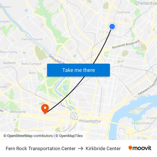 Fern Rock Transit Center to Kirkbride Center map