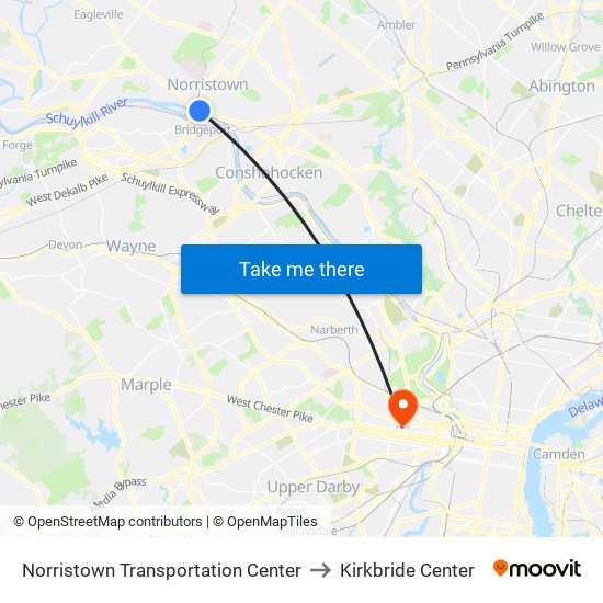 Norristown Transit Center to Kirkbride Center map