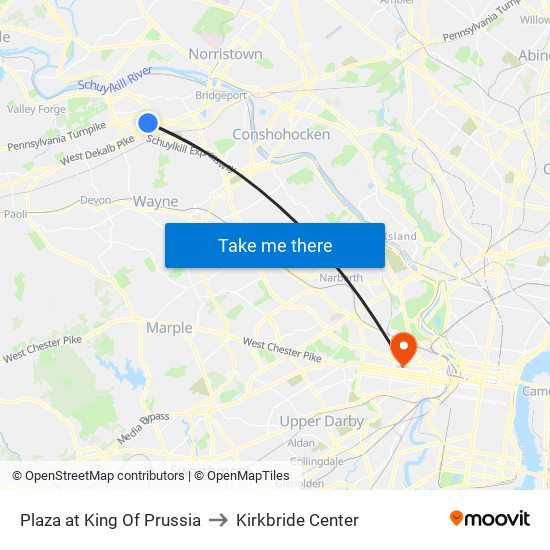 Plaza at King Of Prussia to Kirkbride Center map