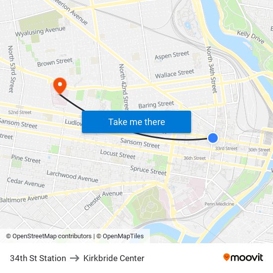 34th St Station to Kirkbride Center map