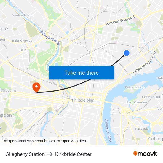 Allegheny Station to Kirkbride Center map