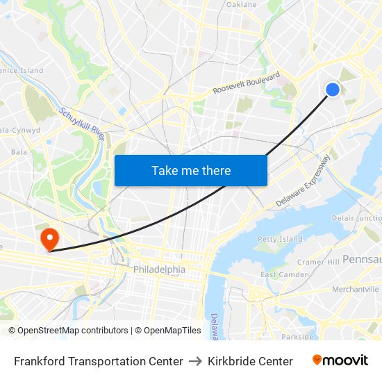 Frankford Transportation Center to Kirkbride Center map