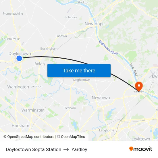 Doylestown Septa Station to Yardley map