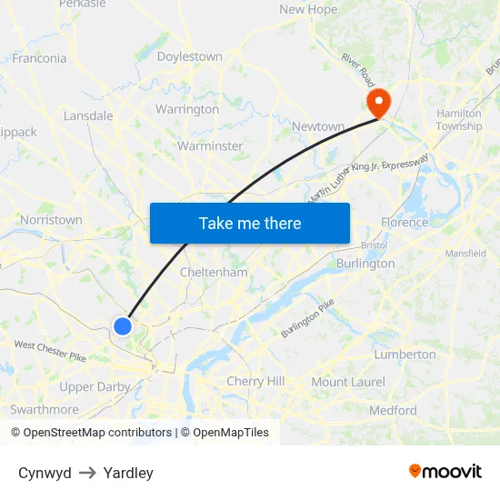 Cynwyd to Yardley map