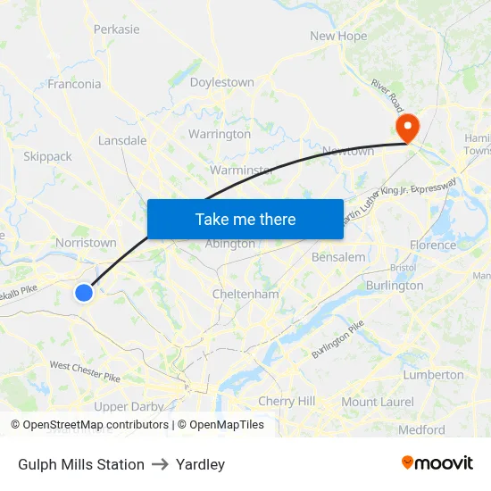 Gulph Mills Station to Yardley map