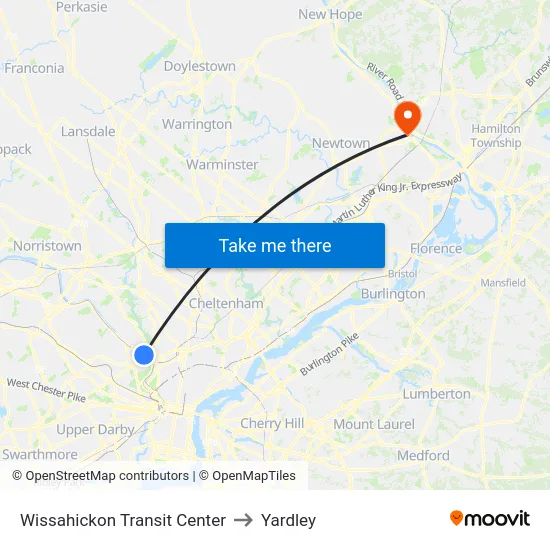 Wissahickon Transit Center to Yardley map